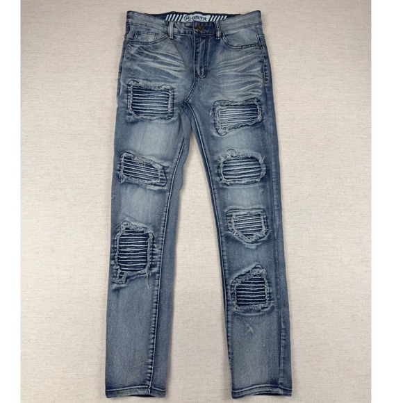 GSTR Other - GSTR Raw Mens Blue Distressed Moto Biker Jeans Slim Fit Ribbed Stacked 30x30